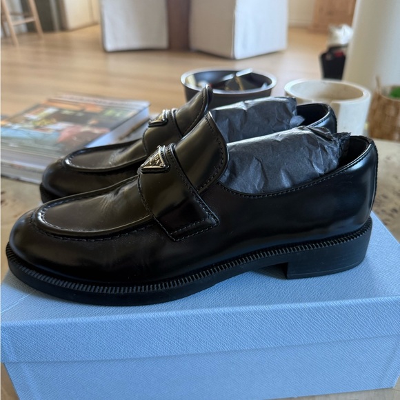 Prada Black Leather Penny Loafers with Triangle Logo - Picture 4 of 9